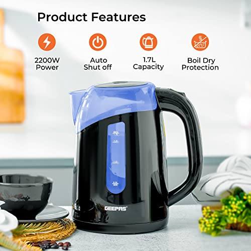 Geepas 2200W Illuminating Electric Kettle | Boil Dry Protection & Auto Shut Off | 1.7L Cordless Jug Kettle with LED Lighting for Hot Water Tea or
