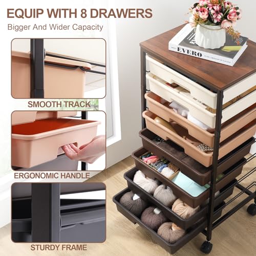 KINGRACK Storage Drawer Cart,Rolling Storage Cart with 8 Drawers,Storage Trolley Cart with Plastic Drawers,Utility Cart with Drawer,Wooden Tablet