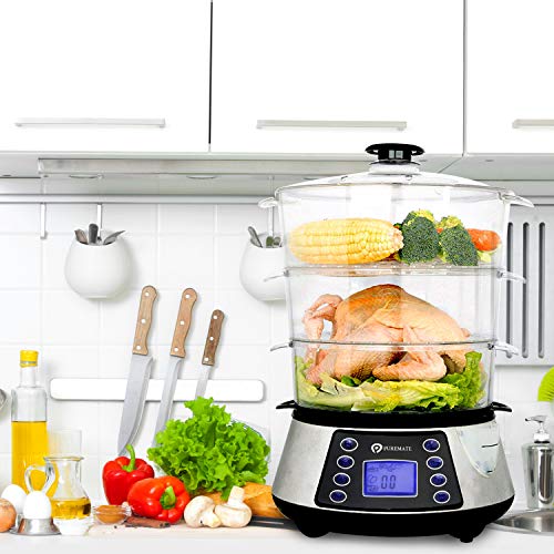 NaturoPure Food Steamer 11.5L Capacity, 3 Tier Electric Steamer, 6 Preset Cooking Mode,99 Minutes Timer & 800W Including a Rice Bowl