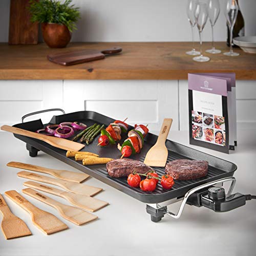 MisterChef XL Teppanyaki Grill - Electric BBQ Table Top Grill with Adjustable Temperature Control and 8 Spatulas - 1800W - Free Recipe Book Enclo