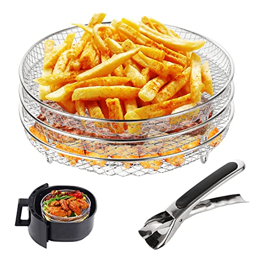 JMIATRY 3 Pcs Air Fryer Rack for Ninja, Round 3 Layers Stackable Air Fryer Accessories with Clips, 304 Stainless Steel Layered Dehydrator Racks C