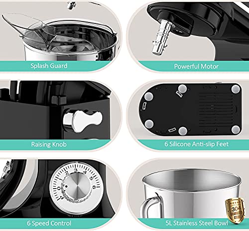 FIMEI Stand Mixer, Food Mixer 1000W, 5L Dough Mixer, Mixers for Baking with Stainless Steel Bowl, Beater, Hook and Whisk, Dishwasher Safe (Black)