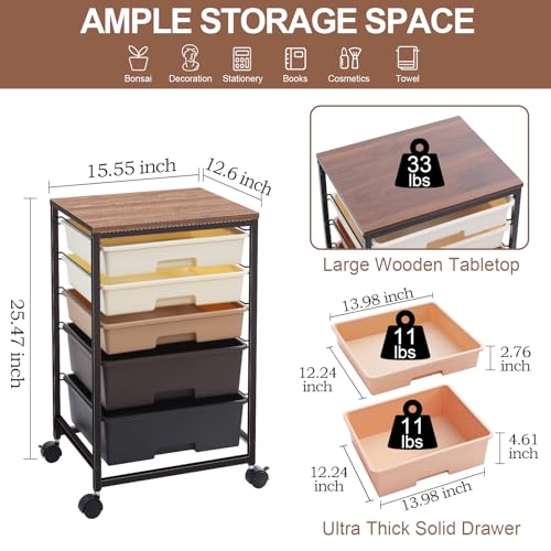 KINGRACK Storaeg Drawer Cart,Rolling Storage Cart with 5 Drawers, Storage Trolley Cart with Plastic Drawers,Utility Cart with Drawer,Wooden Table