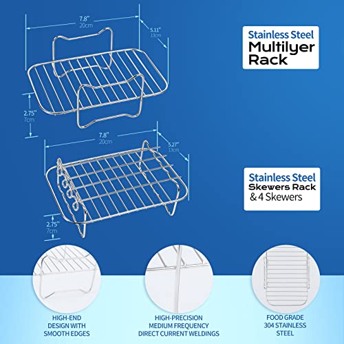 Air Fryer Accessories for Ninja Dual AF300UK AF400UK, Reusable Air Fryer Silicone Liner, Stainless Steel Grilling Rack with 4 Skewers, Oil Brush,