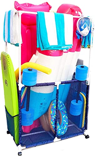 Essentially Yours Pool Equipment Holder with Towel Drying Bars, Mesh Rolling Pool Storage Organizer Bin, Extra Large with Towel Hanger, (34.5" W