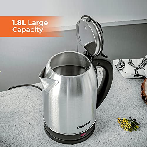 Geepas Electric Kettle, 1500W | Stainless Steel Cordless Kettle | Boil Dry Protection & Auto Shut Off | 1.8L Jug Kettle for Hot Water Tea or Coff