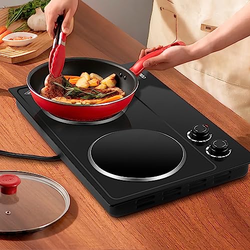 Double Burner, CUSIMAX Electric Hot Plate, 2400W Electric Hob Infrared Ceramic Burner, Portable Hot Plates for Cooking, Countertop Cooktop with D