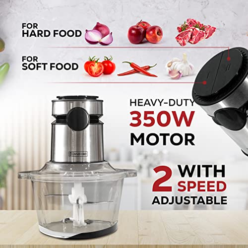 Daifort Electric Mini Food Processor 1.2 L, 2 speeds Powerful 350W Silent Motor & Glass Container with Non-Slip Base,Steel Blades, Chopper Slicer