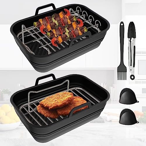 Alrens 8.5'' Foldable Silicone Air Fryer Liners, Dual Accessories Set for Ninja AF400UK &AF451UK, Kit with Rack, Gloves, Food Clip, Oil Brush