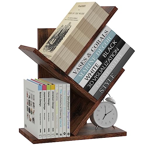 THASOK Tree Bookshelf, 3 Tier Wood Shelf Bookcase, Retro Floor Standing Small Bookshelf, Book Storage Rack for CDs/Movies, Utility Organizer Shel