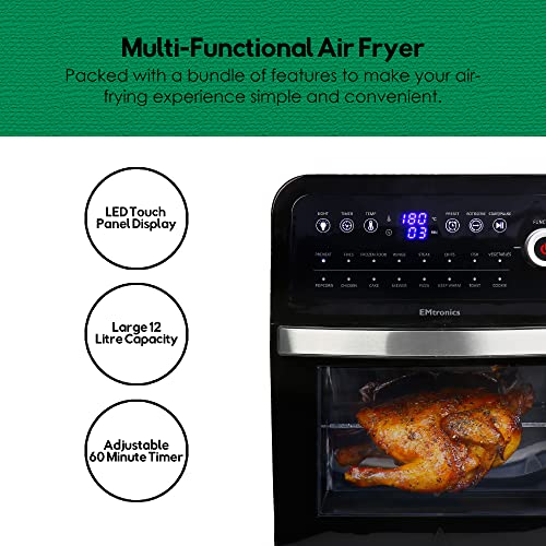 EMtronics EMAFO12LD Digital Extra Large Family Size XL Air Fryer Combi Oven Grill 12 Litre with 11 Pre-Set Menus for Oil Free & Low Fat Healthy C