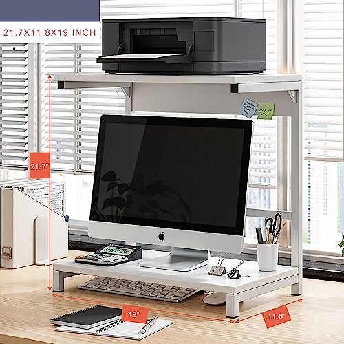Simmer Stone Steel Tube Wooden Computer Monitor Station 2 Tier Steel Tube Wooden Shelves Display Station Office Storage Rack Multifunctional Furn