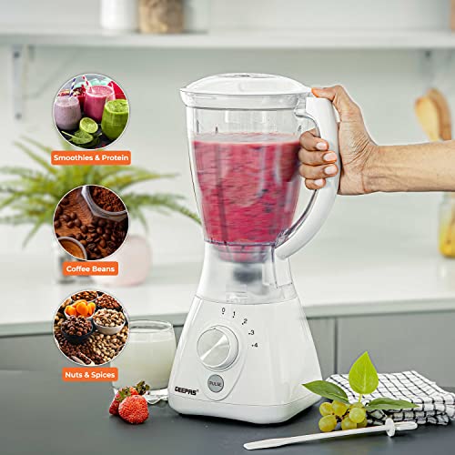 Geepas 550W 2 in 1 Food Jug Blender with 1.5L BPA Free Jar | 4 Sharp Stainless Steel Blades with 2 Speed | Ice Crusher, Mill, Coffee/Spice Grinde