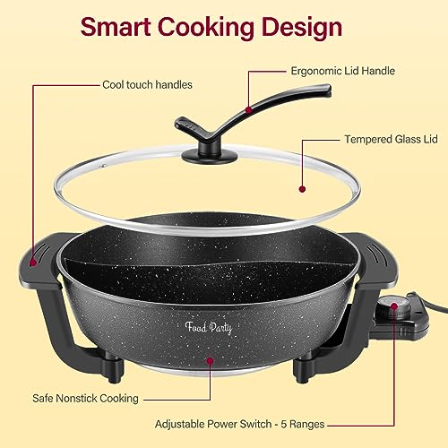 Food Party Hot Pot Electric Hotpot with Divider Chinese Hot Pot Cooker Non-Stick 6-Quart Shabu Shabu Pot