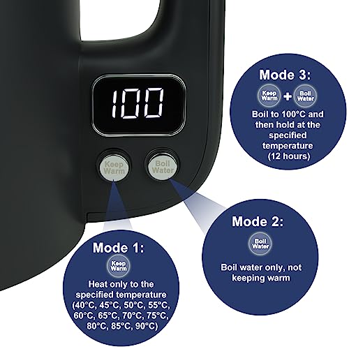 Bear 1.7L Temperature Cntrol Black Kettle LED Display with 11 Temperatures 1800w 304 Stainless Steel Black Kettle, Dry Protection, Double Scald P