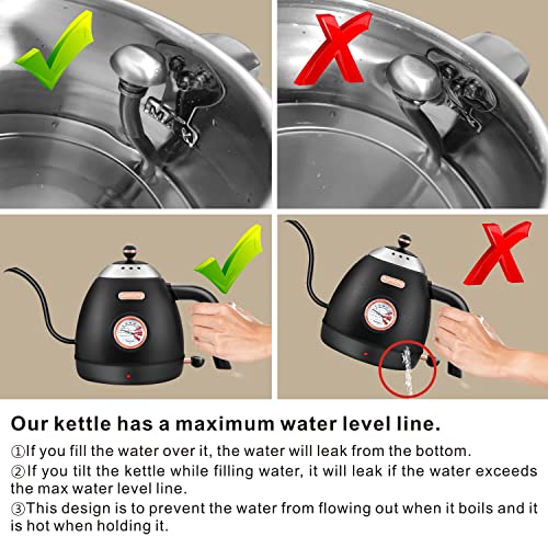 Electric Gooseneck Kettle with Temperature Display, Black Pour Over Coffee Kettle 100% Stainless Steel Hot Water Boiler, 1000W Fast Boil Kettles,