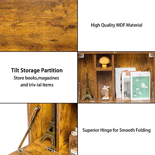 KZHOME Wall Mounted Table Multifunctional Folding Wall-Mounted Laptop Desk Writing Table with Storage Shelves for Home Office, Rustic Brown