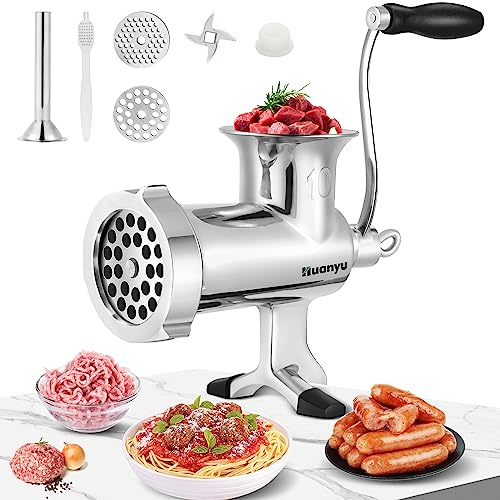 Huanyu Meat Grinder Manual Stainless Steel Hand Meat Grinder and Sausage Maker Manual Meat Mincer Dishwasher-Safe Meat Mincer Grinder Size 10