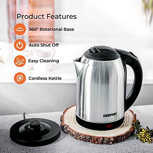 Geepas Electric Kettle, 1500W | Stainless Steel Cordless Kettle | Boil Dry Protection & Auto Shut Off | 1.8L Jug Kettle for Hot Water Tea or Coff