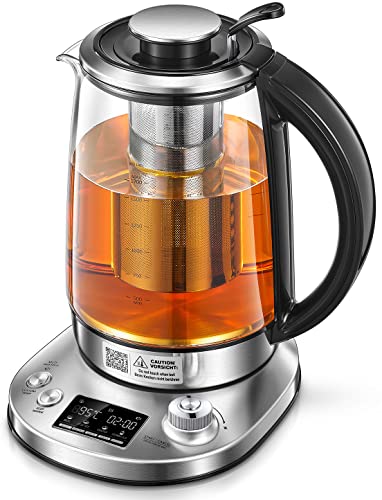 Kettle Electric with Variable Temperature Control - FOHERE Smart Glass Tea Kettle with 9 Presets - LCD Display - 2Hr Keep Warm - Removable Tea In
