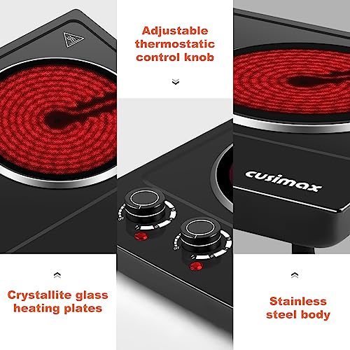 Double Burner, CUSIMAX Electric Hot Plate, 2400W Electric Hob Infrared Ceramic Burner, Portable Hot Plates for Cooking, Countertop Cooktop with D