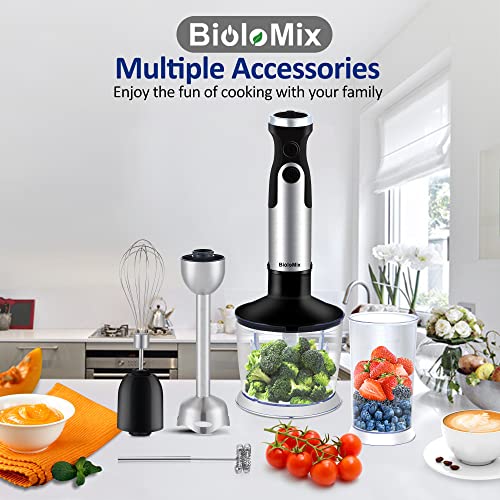 BioloMix Handheld Blender, Stainless Steel Hand Stick Blender, 4-In-1 Hand Blender with Egg Whisk, 600ml Beaker & 500ml Chopper Bowl for Smoothie