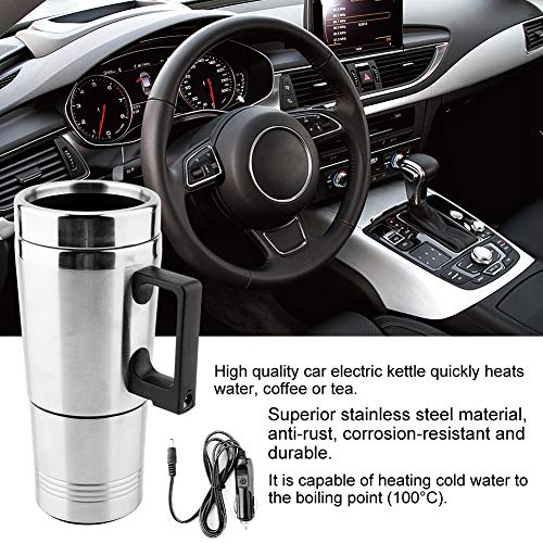Electric Kettle, Qiilu Electric Kettle, 350ML + 150ML Stainless Steel Car Electric Kettle Coffee Tea Thermos Water Heating Cup 12V