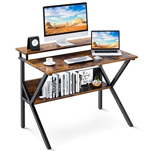 ODK Computer Desk for Small Space 27.5" Study Writing Desk with Storage, Modern Simple Style PC Desk with Monitor Stand for Home Office, Vintage