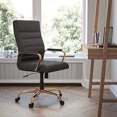 EMMA + OLIVER High Back Black LeatherSoft Executive Swivel Office Chair - Rose Gold Frame/Arms