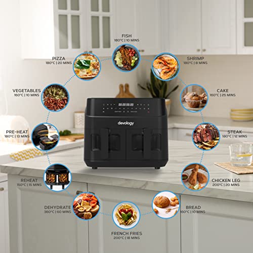 Devology Double Air Fryer - 9L - 2 x 4.5L Independent Cooking Zones With Light Up Glass Front - Free 50 Recipe Cookbook- 10 Cooking Programs - Di