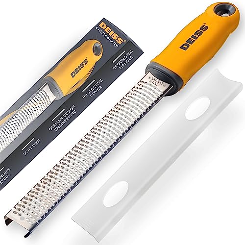 Deiss PRO Citrus Zester & Cheese Grater — Parmesan Cheese Lemon, Ginger, Garlic, Nutmeg, Chocolate, Vegetables, Fruits - Razor-Sharp Stainless St