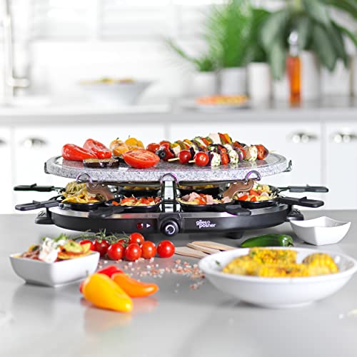 Giles & Posner EK1872G Electric Stone Raclette Grill - Indoor Tabletop 8 Person Raclette, Removable Stone Grill Hot Plate, Non-Stick Grill Pans,