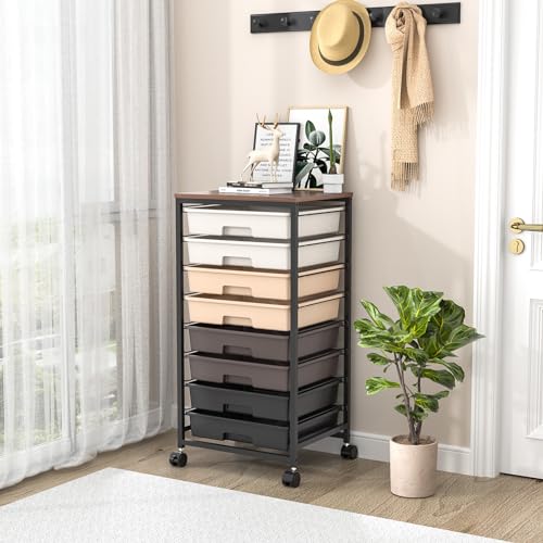 KINGRACK Storage Drawer Cart,Rolling Storage Cart with 8 Drawers,Storage Trolley Cart with Plastic Drawers,Utility Cart with Drawer,Wooden Tablet