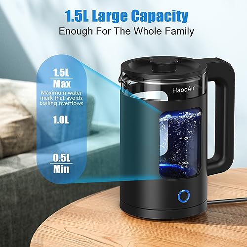 Haooair Electric Kettle, 1.5 Liter Easy to Clean Glass Kettle with Blue LED, Fast Boil Quiet, BPA-Free, Boil-Dry Protection