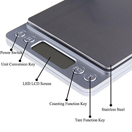 CestMall Stainless Steel Digital Kitchen Scales(500g 0.001oz/0.01g) High Precision Digital Pocket Scales with 2 Removable Trays (Silver, 5 x 4.17