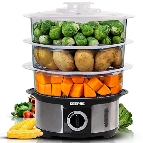 Geepas 3-Tier Food Steamer, 12L Capacity | Electric Vegetable Steamer with BPA Free Removable Baskets for Healthy Steam Cooking | 75 Minutes Time