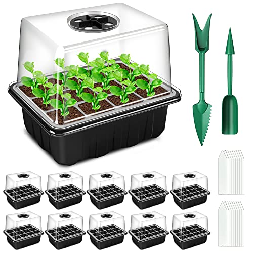 YAUNGEL Seed Trays, 10 Pack 120 Cells Propagator with Heightened Lids, Growing Thicken Seedling Starter Growing Trays with Adjustable Window for