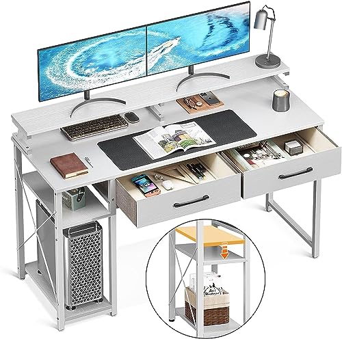 ODK Computer Desk with Drawers, Office Desk with Storage & Shelves, Work Writing Desk with Monitor Stand Shelf, Rustic Brown Home Office Desks fo