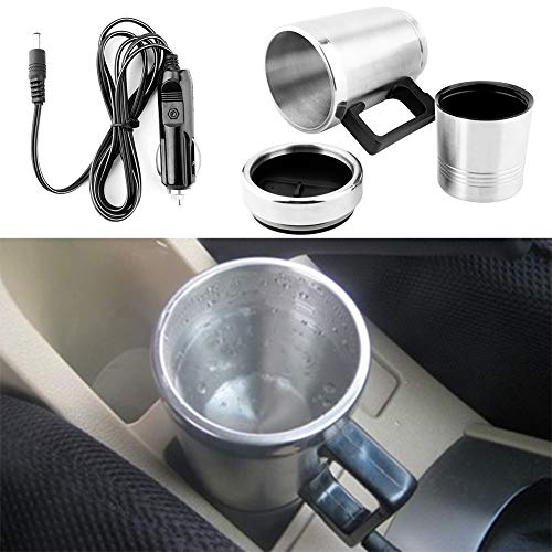 Electric Kettle, Qiilu Electric Kettle, 350ML + 150ML Stainless Steel Car Electric Kettle Coffee Tea Thermos Water Heating Cup 12V