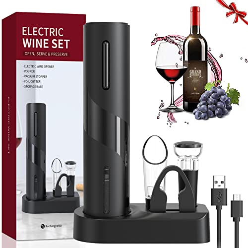 Electric Wine Bottle Opener Set, Rechargeable 6-in-1 Gift Box Automatic Bottle Opener with Tin Foil Cutter, Wine Dispenser, Vacuum Stopper, Stora
