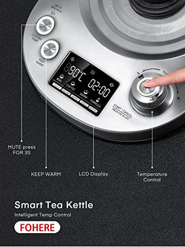 Kettle Electric with Variable Temperature Control - FOHERE Smart Glass Tea Kettle with 9 Presets - LCD Display - 2Hr Keep Warm - Removable Tea In
