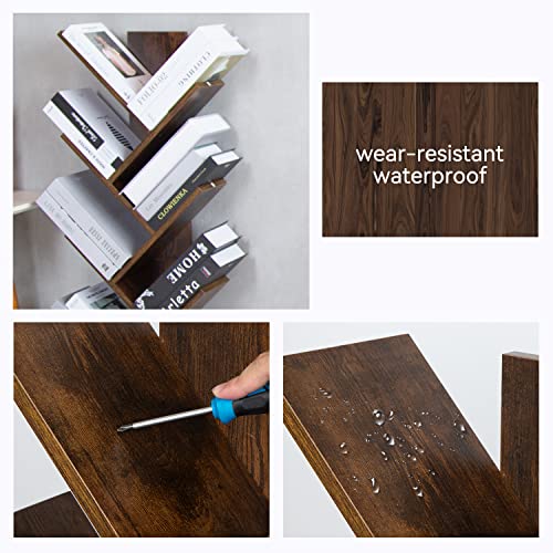 LAZYLAND Brown Bookshelf with Drawer, 6-Tier Floor Standing Tree Bookshelf, for CDs/Movies/Books, Utility Organizer Shelves for Home Office, Bedr