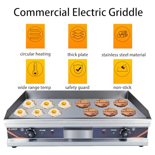 DULNICE 29" Commercial Electric Griddle With Double Temperature Control, Stainless Steel Flat Baking Hotplate, Kitchen Countertop Bacon Fryer for