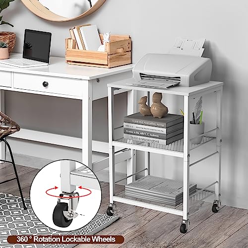 Printer Stand Cart White Rolling Printer Stand with Storage 3 Tier Printer Table with Shelves Storage Mobile Printer Shelf Rack Small Printer Tab
