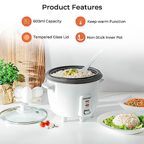 Geepas Rice Cooker, 0.6L | Electric Rice Cooker with Keep Warm Function, Automatic Cooking, Non-Stick Inner Pot | Includes Measuring Cup, Spatula