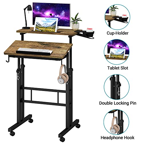 Klvied Rolling Mobile Desk with Cup Holder, Portable, Adjustable Height Small Stand up Desk on Wheels for Home Office Laptop Cart, Computer, Stan