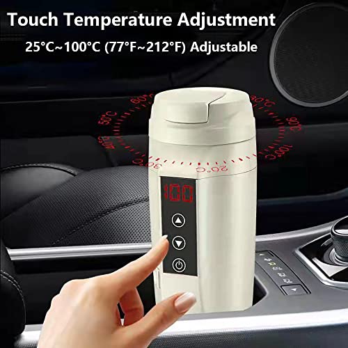 Baceyong 12V/24V 450ML Stainless Steel Car Electric Tea Kettle, Portable Travel Thermos Heating Cup, Cooking for Coffee Milk Tea Water Drink, Whi