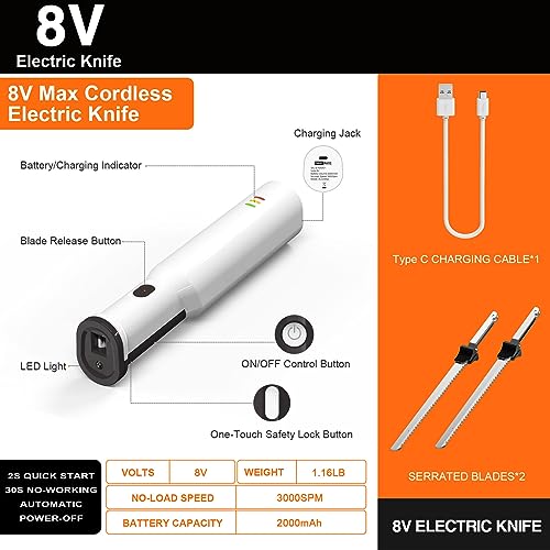 HYQNG Electric Meat Carving Knife, Cordless Meat Slicer Knife Bread Knife with 2 Serrated 8” Stainless Steel Blades & Safety Lock Trigger Release