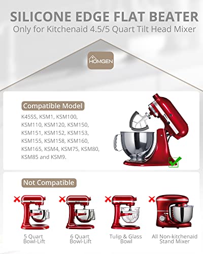 Flex Edge Beater for KitchenAid Mixer, HOMGEN Flat Beater Attachment for 4.5/5 QT Tilt-Head Kitchenaid Stand Mixer Replacement Beater Paddle Acce