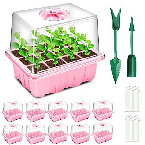 YAUNGEL Seed Trays, 10 Pack 120 Cells Propagator with Heightened Lids, Growing Thicken Seedling Starter Growing Trays with Adjustable Window for